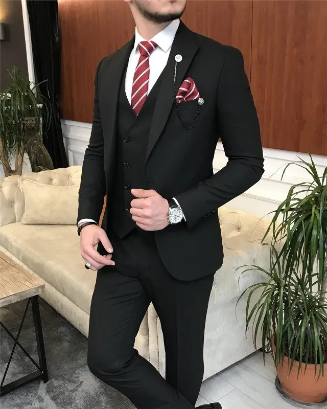 Classic Bespoke Black Three Pieces Peaked Slim Fit Business Men Suits