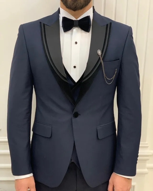 Classic Bespoke Dark Navy Three Pieces Peaked Lapel Business Men Suit