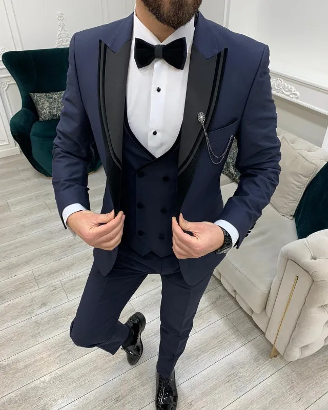 Classic Bespoke Dark Navy Three Pieces Peaked Lapel Business Men Suit