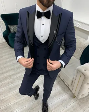 Classic Bespoke Dark Navy Three Pieces Peaked Lapel Business Men Suit