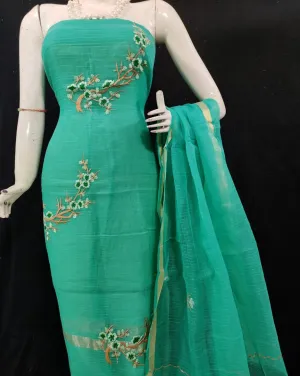 Classic Kota Doriya Embroidery Work Suit In Rama Green