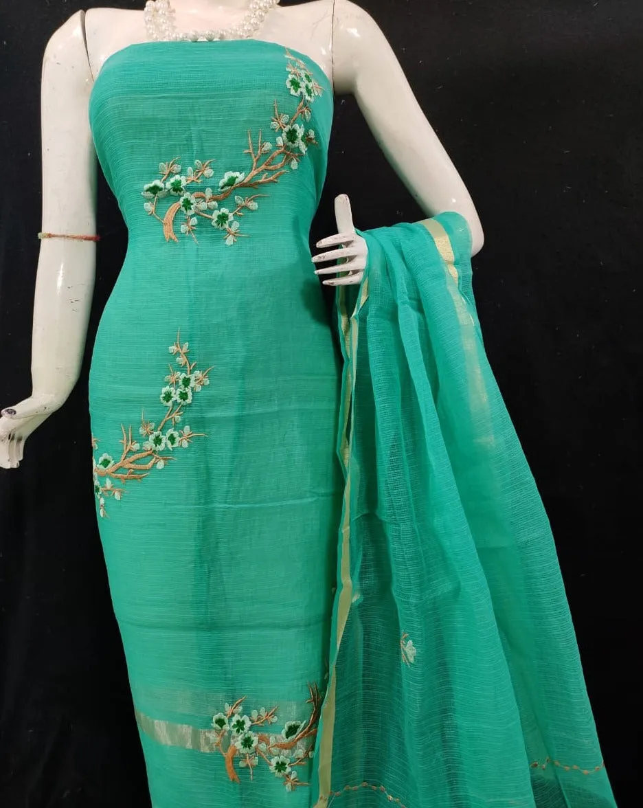 Classic Kota Doriya Embroidery Work Suit In Rama Green