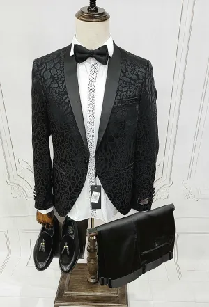 Classic Single Button Two-Piece Tuxedo Suit with leopard patched premium material and a Satin Lapel, matching bow tie and Black Pants.