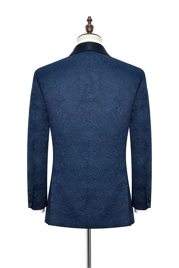 Classy Navy Blue Mens Suits for Weddings Jacquard Black Silk Shawl Lapel Prom Suits