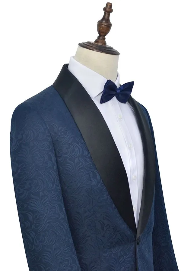 Classy Navy Blue Mens Suits for Weddings Jacquard Black Silk Shawl Lapel Prom Suits