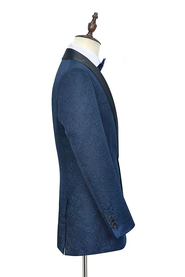 Classy Navy Blue Mens Suits for Weddings Jacquard Black Silk Shawl Lapel Prom Suits