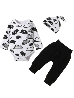 Clouds Baby Bodysuit, Black Bottoms & Knotted Hat - 3 Piece Outfit - Black & White Clouds
