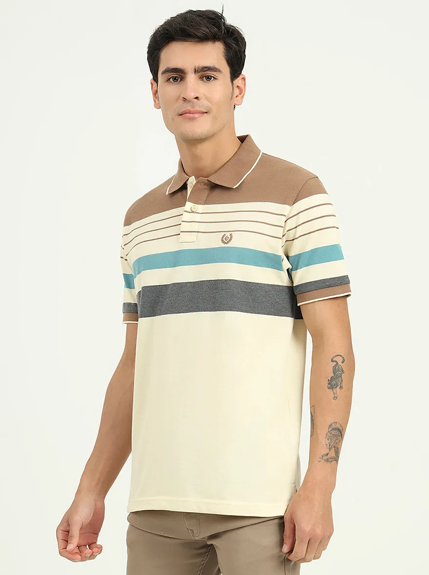 Cream & Brown Striped Slim Fit Polo T-Shirt | Greenfibre