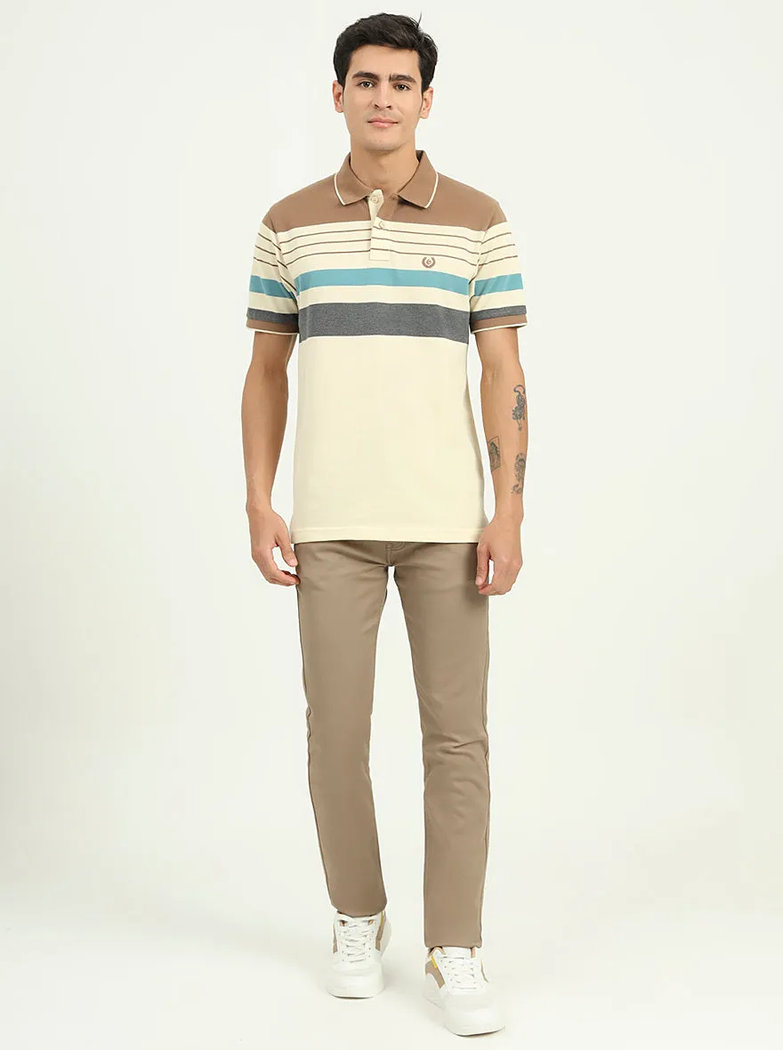 Cream & Brown Striped Slim Fit Polo T-Shirt | Greenfibre