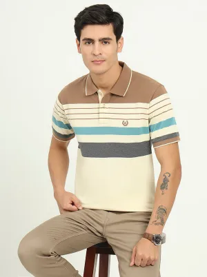 Cream & Brown Striped Slim Fit Polo T-Shirt | Greenfibre