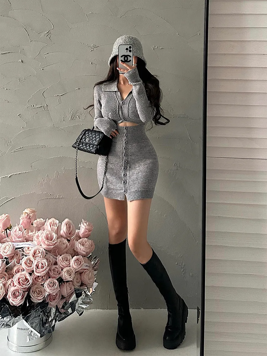 CreamTopMall Dana Solid Color Long Sleeve Cropped Top Slim Lapel Skirt Button Up Matching Set