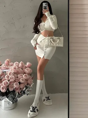 CreamTopMall Dana Solid Color Long Sleeve Cropped Top Slim Lapel Skirt Button Up Matching Set