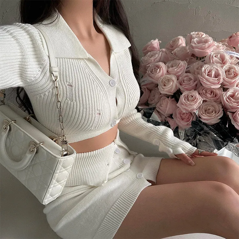 CreamTopMall Dana Solid Color Long Sleeve Cropped Top Slim Lapel Skirt Button Up Matching Set
