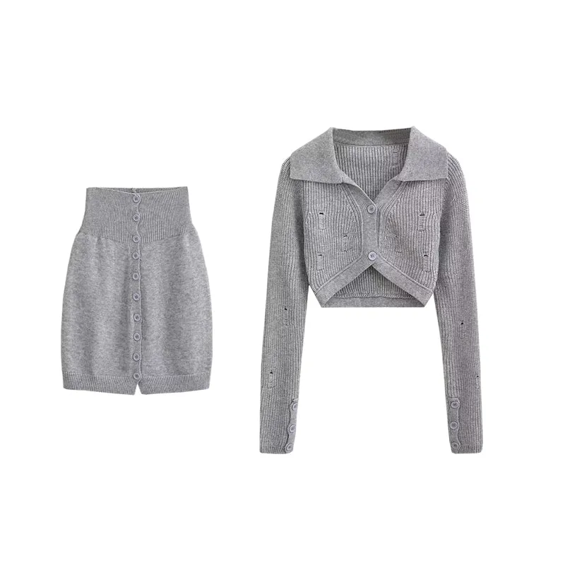 CreamTopMall Dana Solid Color Long Sleeve Cropped Top Slim Lapel Skirt Button Up Matching Set