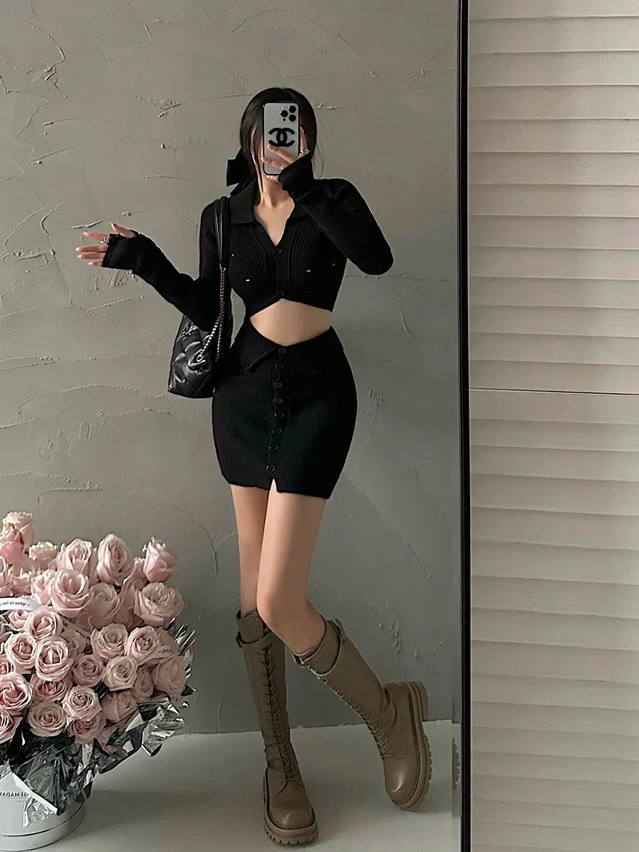 CreamTopMall Dana Solid Color Long Sleeve Cropped Top Slim Lapel Skirt Button Up Matching Set