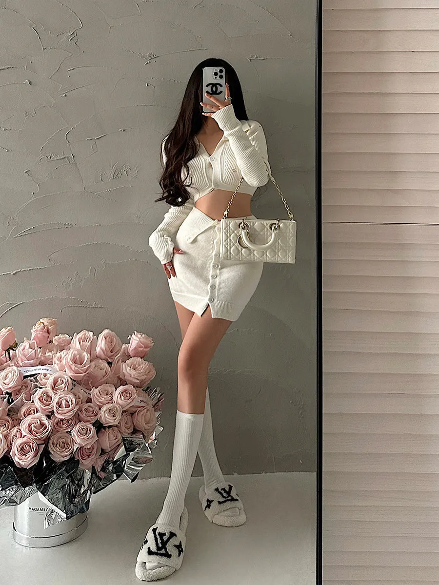 CreamTopMall Dana Solid Color Long Sleeve Cropped Top Slim Lapel Skirt Button Up Matching Set
