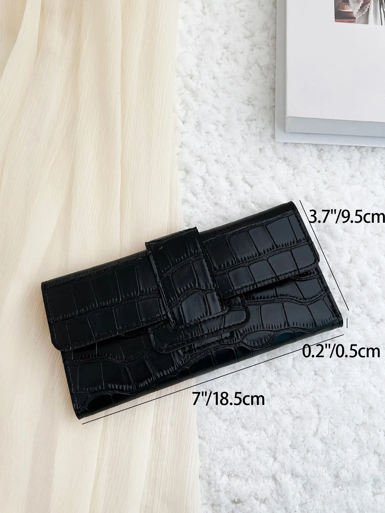 Crocodile Embossed Fold Over Long Wallet - Black