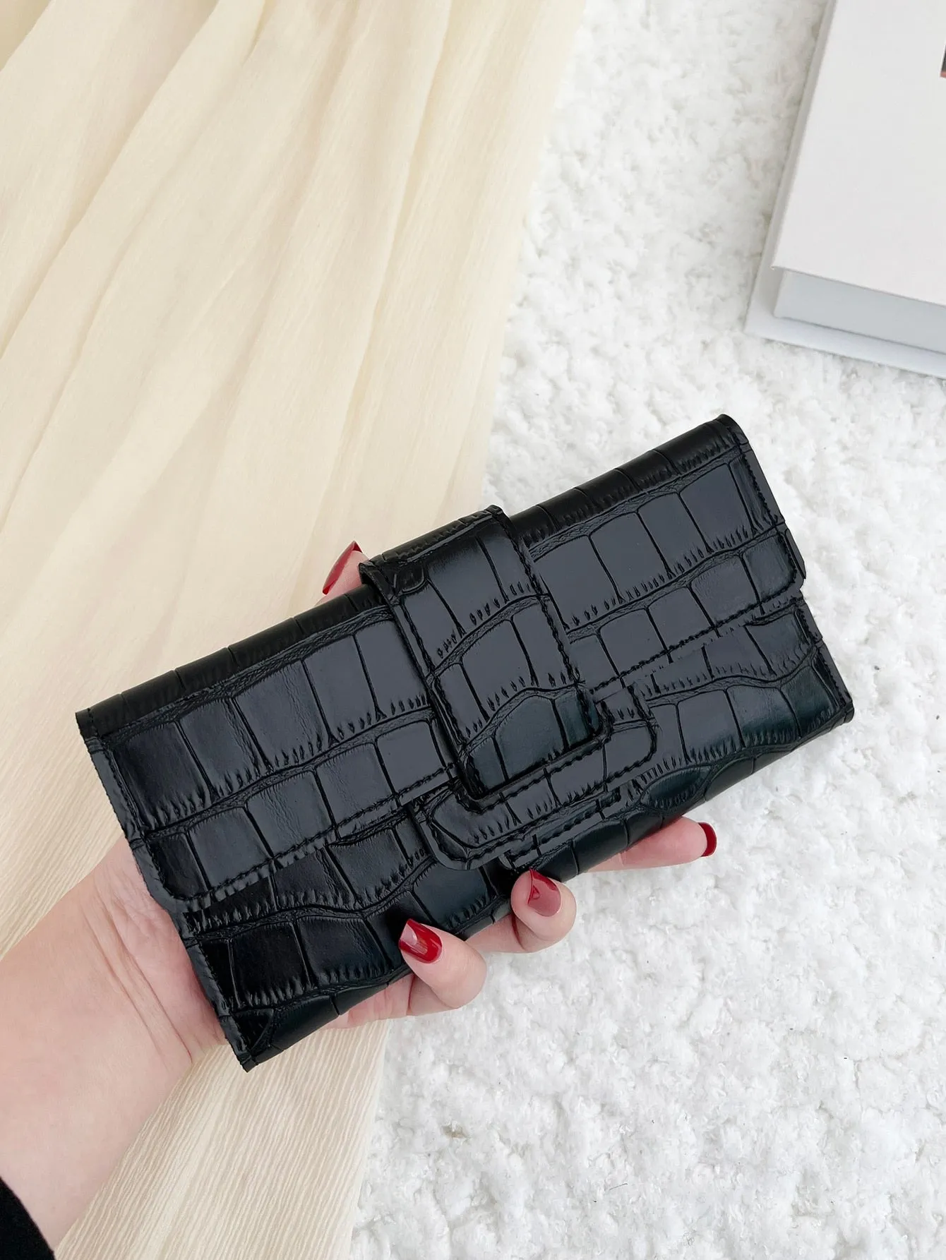 Crocodile Embossed Fold Over Long Wallet - Black