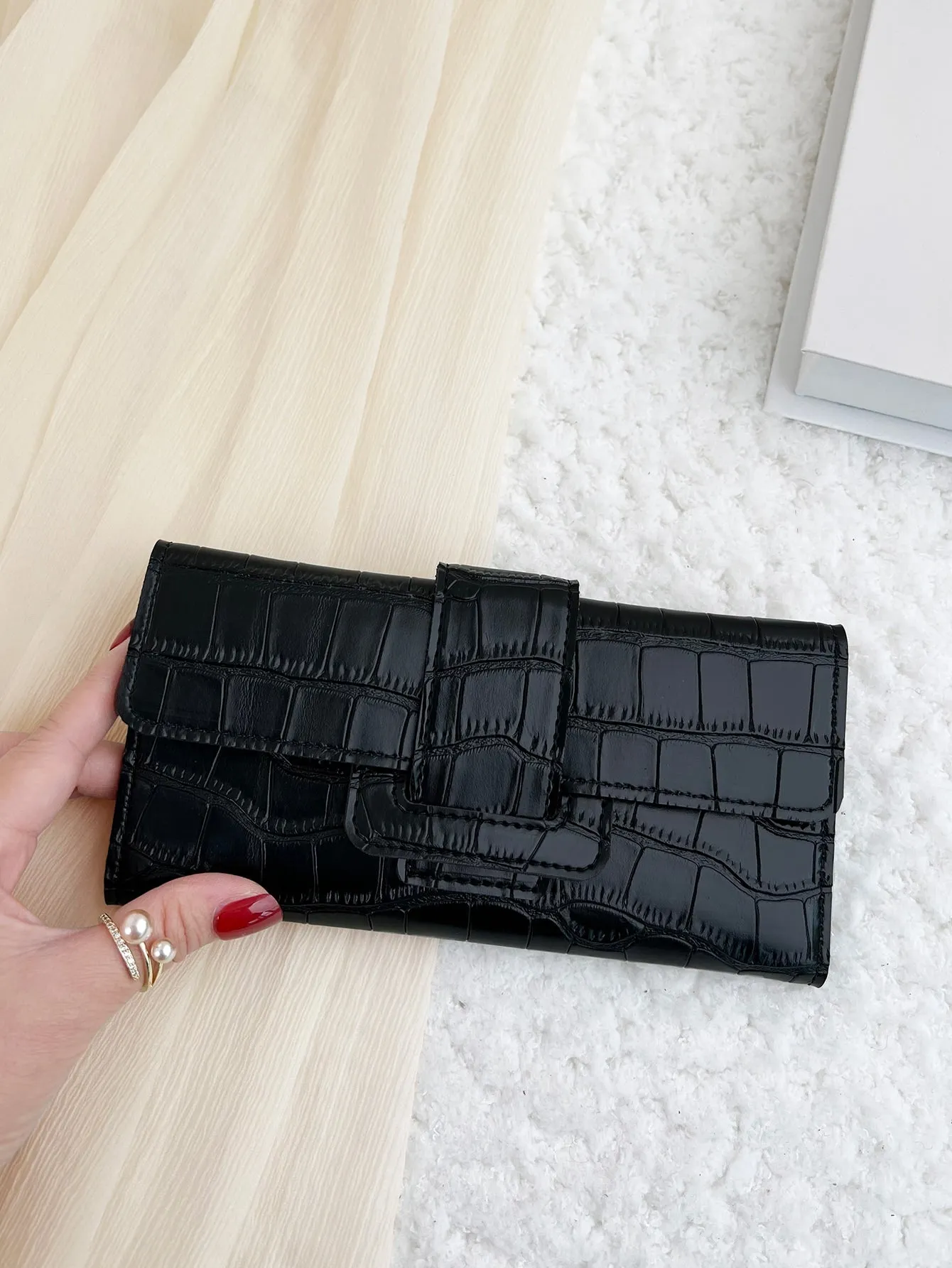 Crocodile Embossed Fold Over Long Wallet - Black