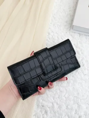 Crocodile Embossed Fold Over Long Wallet - Black