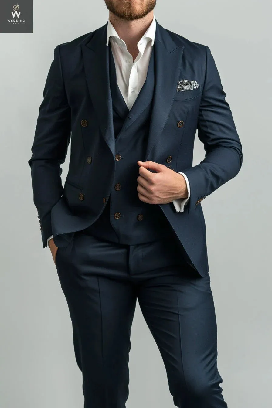 Custom Navy Blue Three-Piece Men's Suit - Bespoke Double-Breasted Wedding Suits