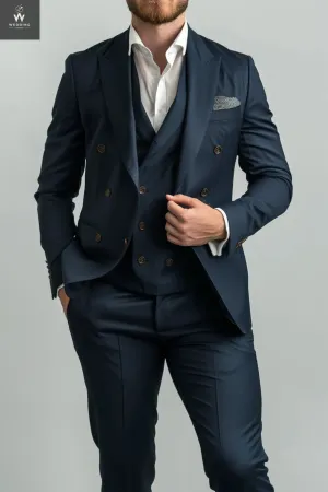 Custom Navy Blue Three-Piece Men's Suit - Bespoke Double-Breasted Wedding Suits