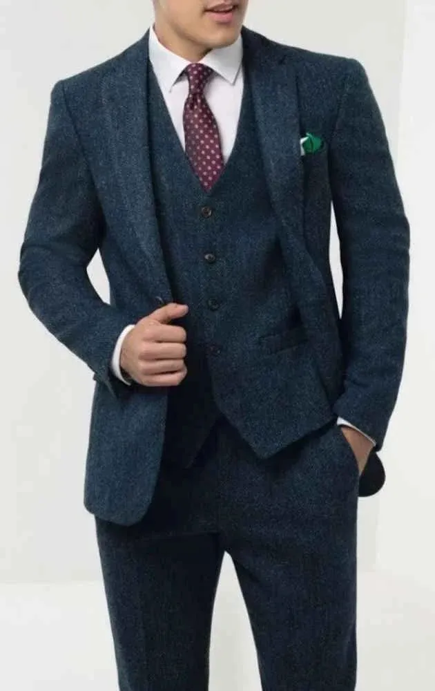 Custom Navy Tweed Wool Three-Piece Suit for Men | Winter Wear