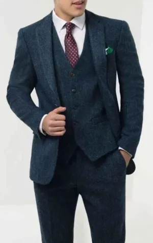 Custom Navy Tweed Wool Three-Piece Suit for Men | Winter Wear