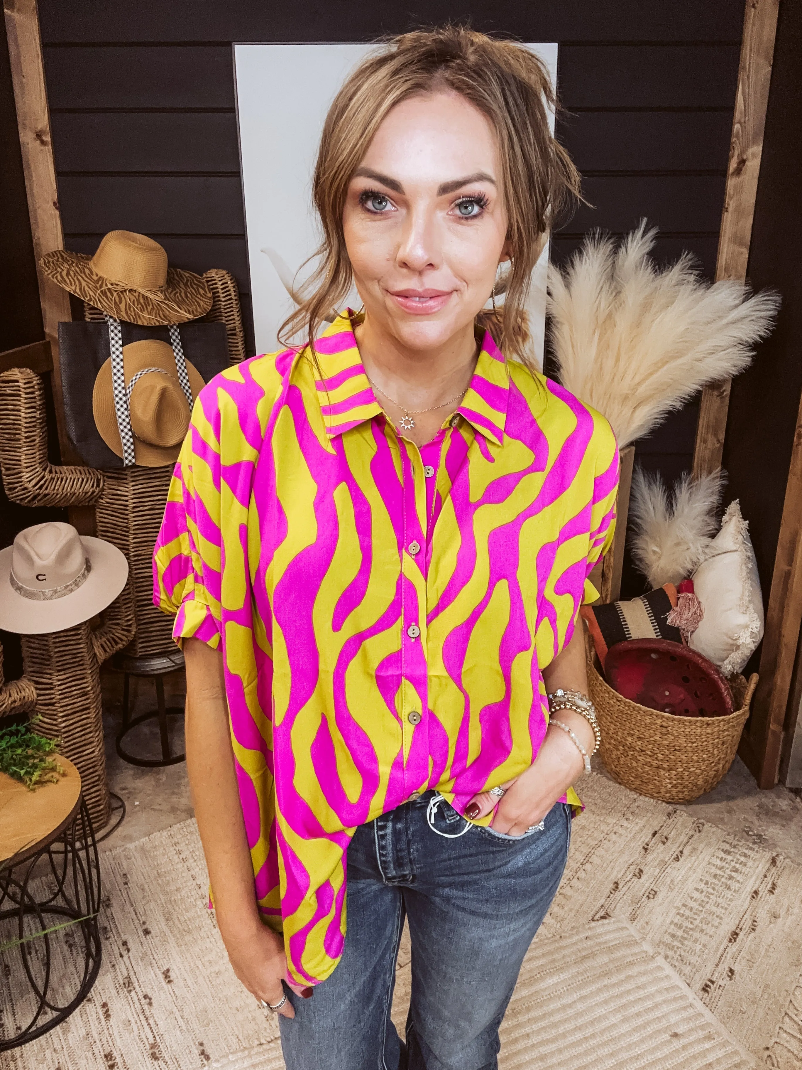 Cyber Lime Wavy Retro Button Front Dolman