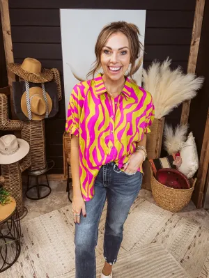 Cyber Lime Wavy Retro Button Front Dolman