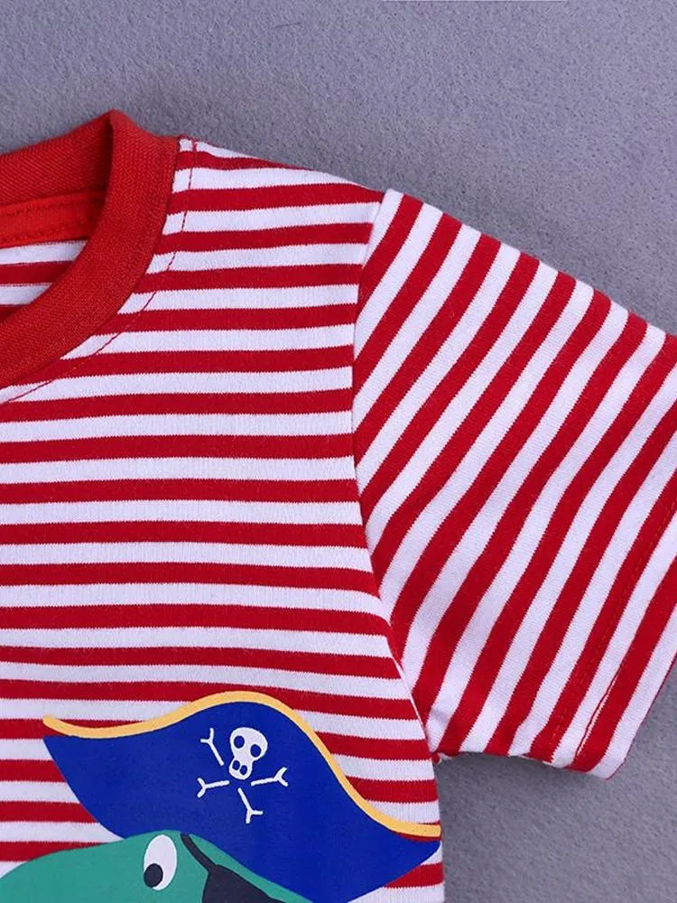 Dino Hook Short Sleeve T-shirt - Red and White Striped