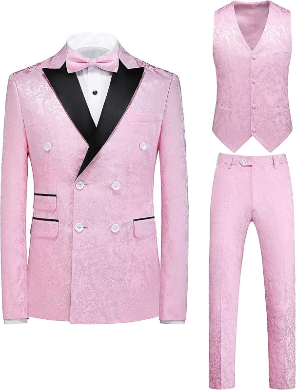 Double Breasted Pink Jacquard Three Pieces Wedding Suits Peaked Lapel Prom Suits