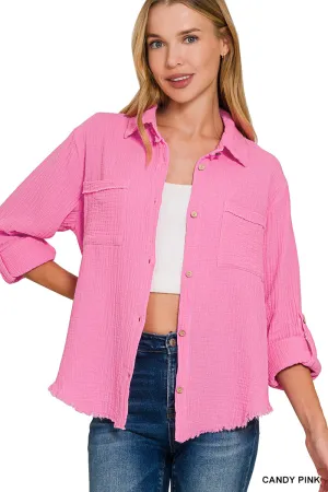 DOUBLE GAUZE BUTTON DOWN ROLL-UP LONG SLEEVE SHIRT