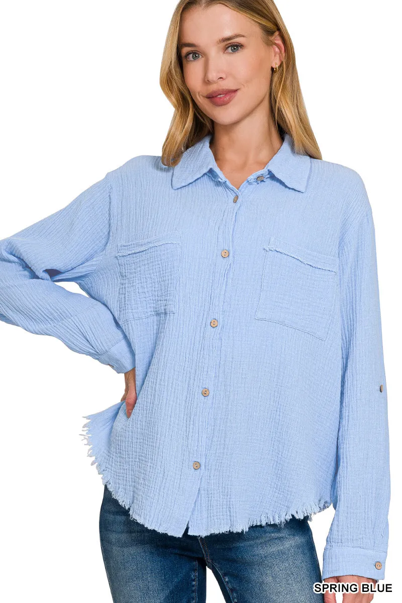 DOUBLE GAUZE BUTTON DOWN ROLL-UP LONG SLEEVE SHIRT