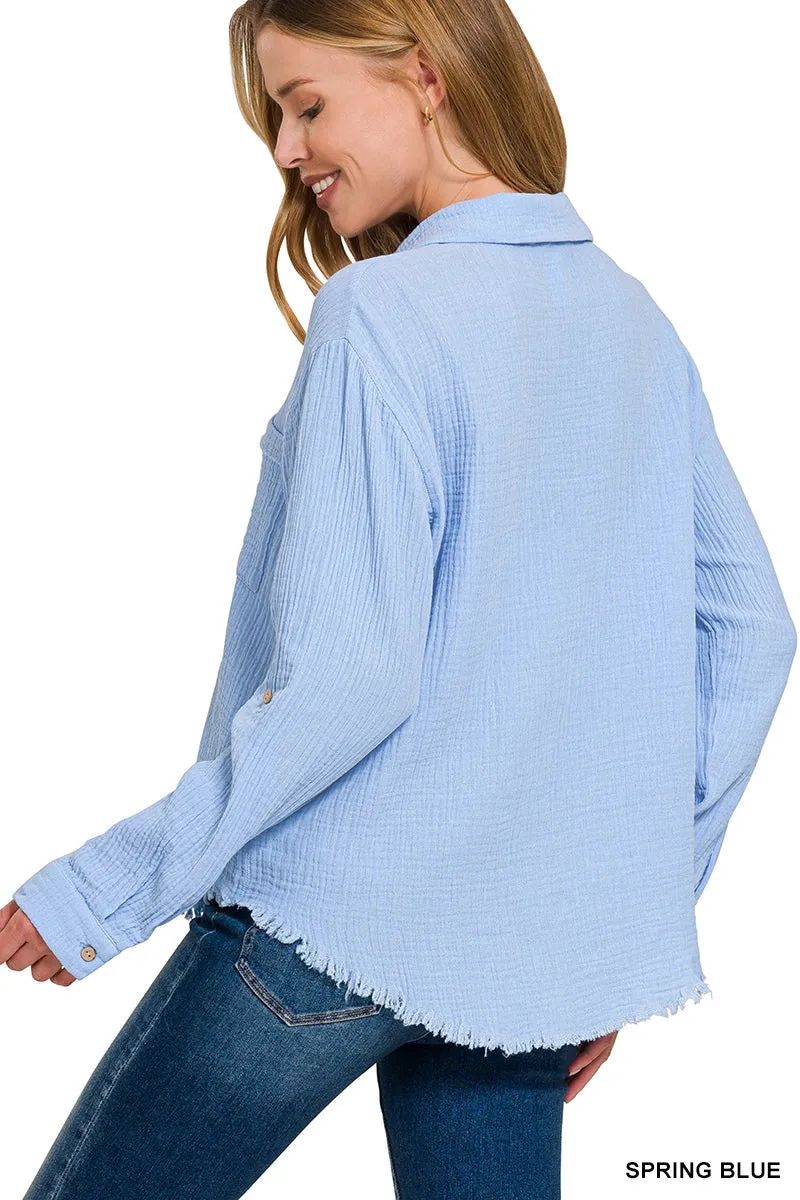 DOUBLE GAUZE BUTTON DOWN ROLL-UP LONG SLEEVE SHIRT