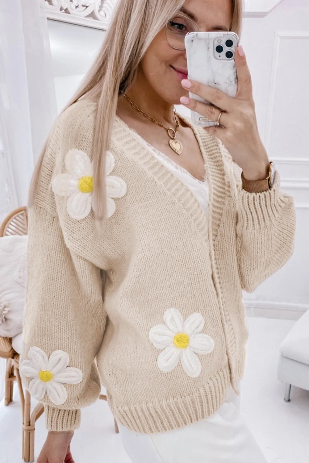 Elegant Flower Decor Button Front Cardigan