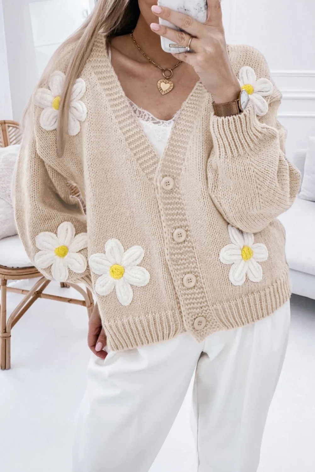 Elegant Flower Decor Button Front Cardigan