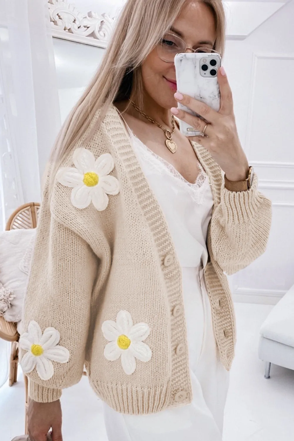 Elegant Flower Decor Button Front Cardigan