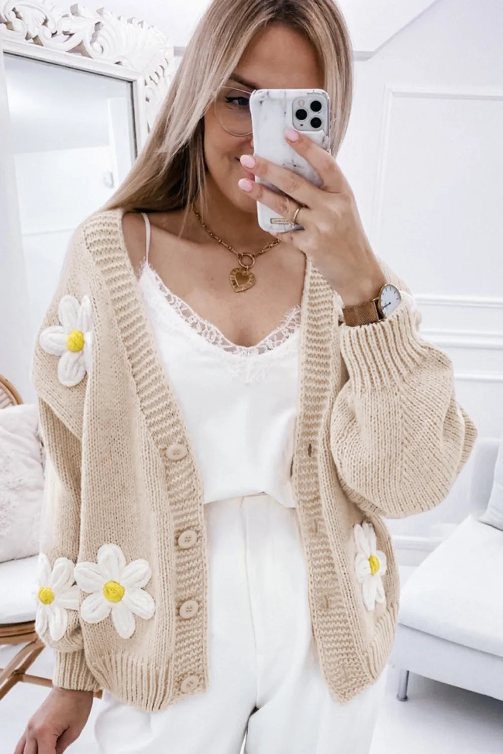 Elegant Flower Decor Button Front Cardigan