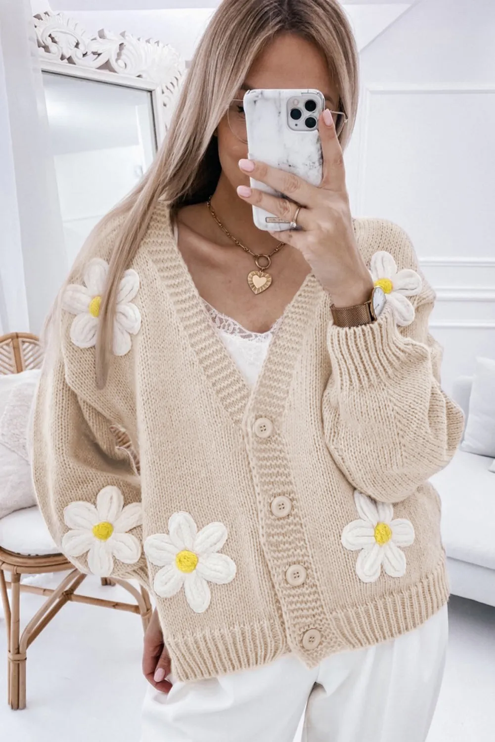 Elegant Flower Decor Button Front Cardigan
