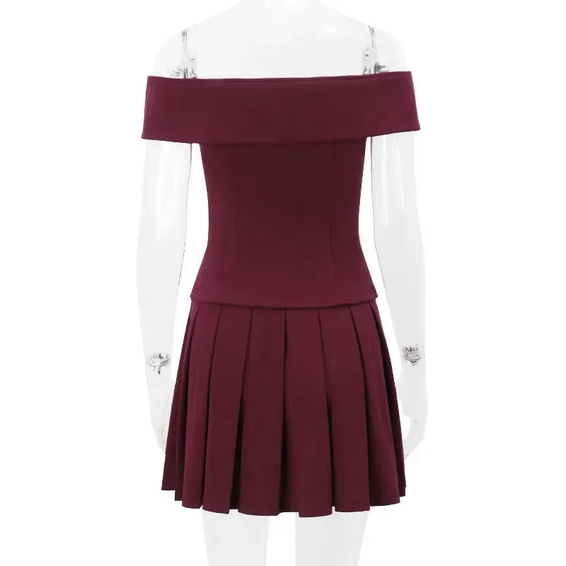 Elegant Suit Double-breasted Off-shoulder Top And Pleated Skirt Womens Clothing