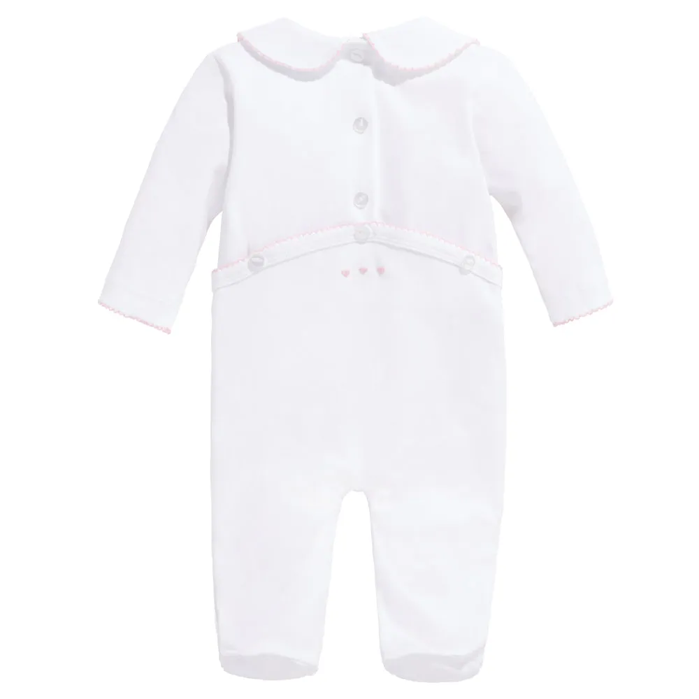 Embroidered Collared Pima Footie -- White with Pink Hearts