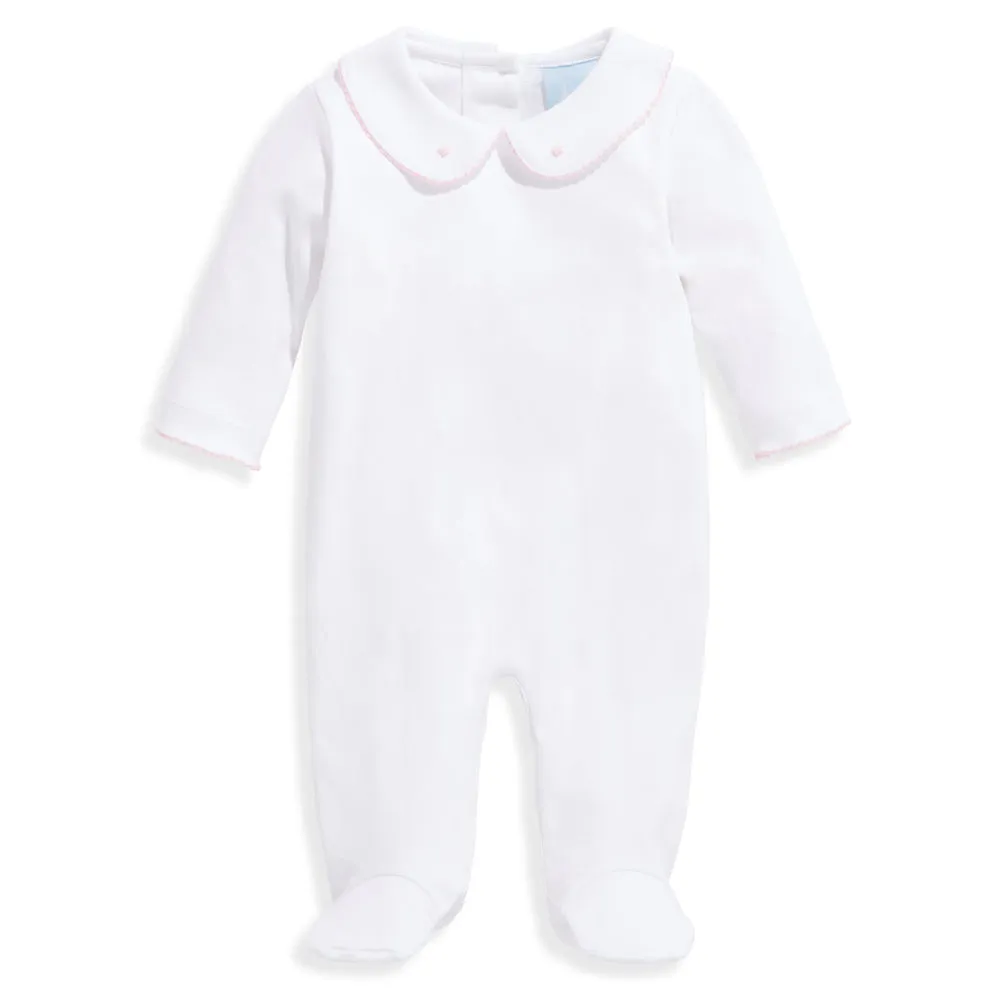 Embroidered Collared Pima Footie -- White with Pink Hearts
