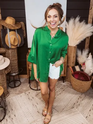 Emerald Washed Satin Button Down Blouse