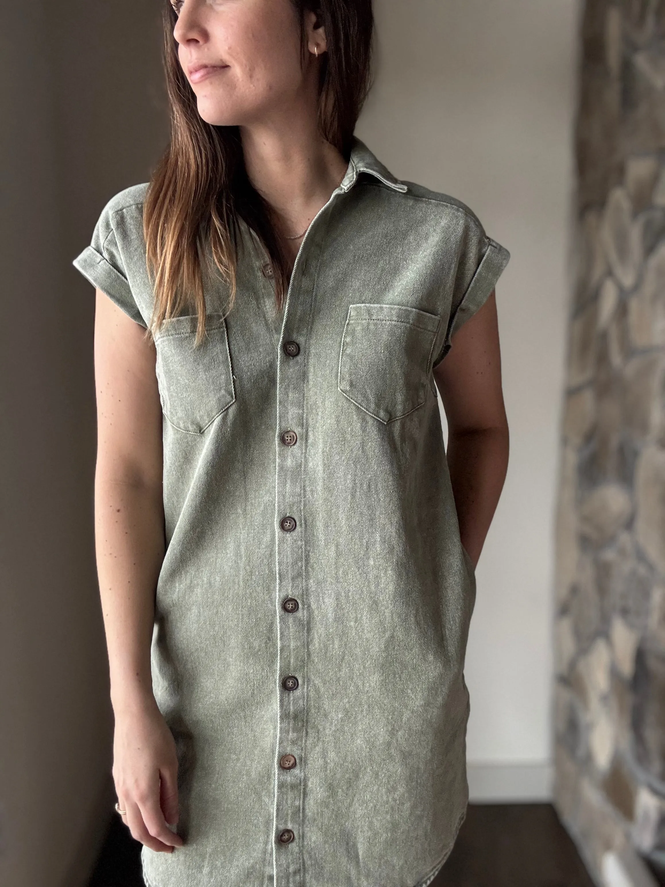 everyday olive twill button down dress