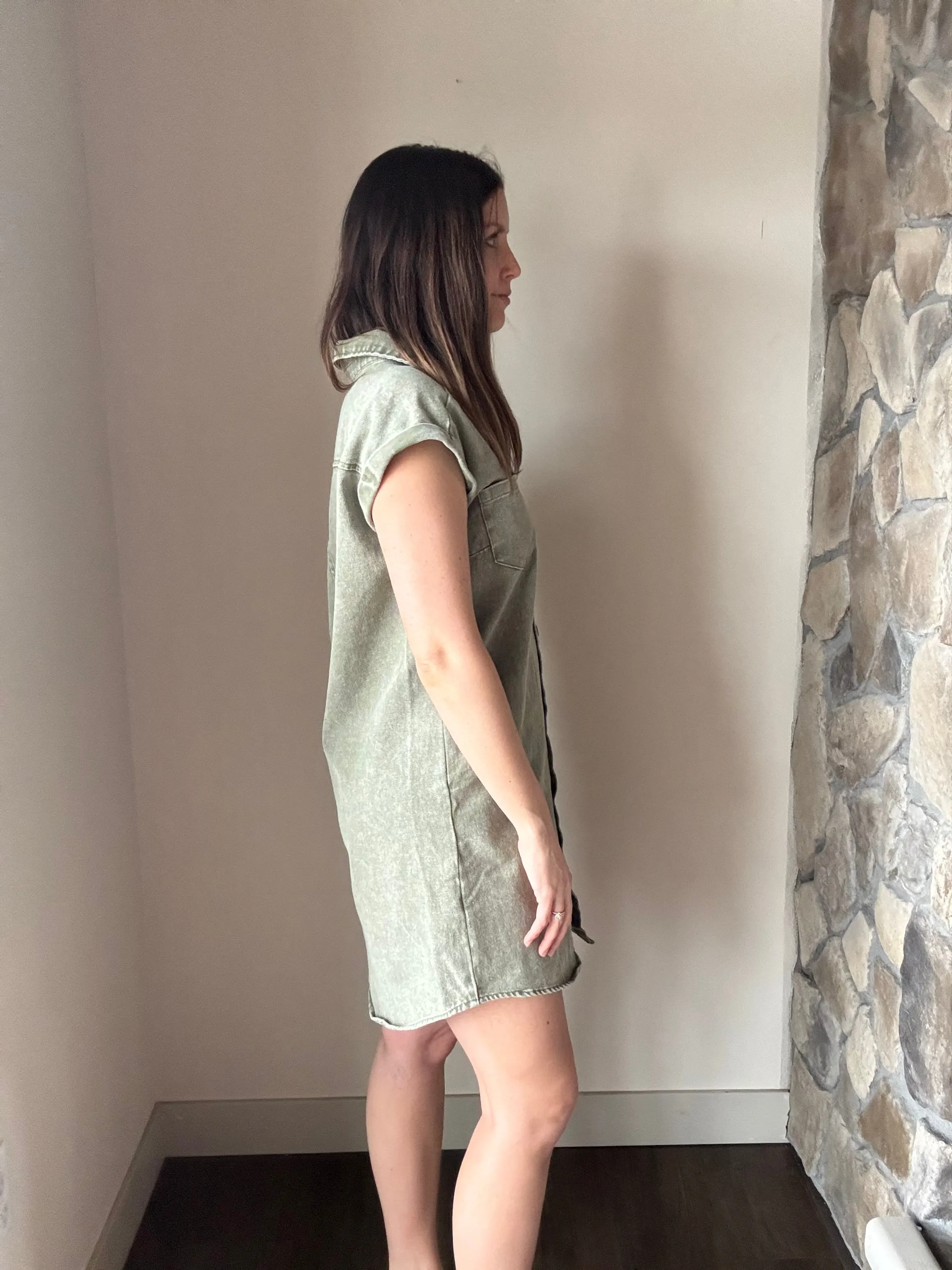 everyday olive twill button down dress