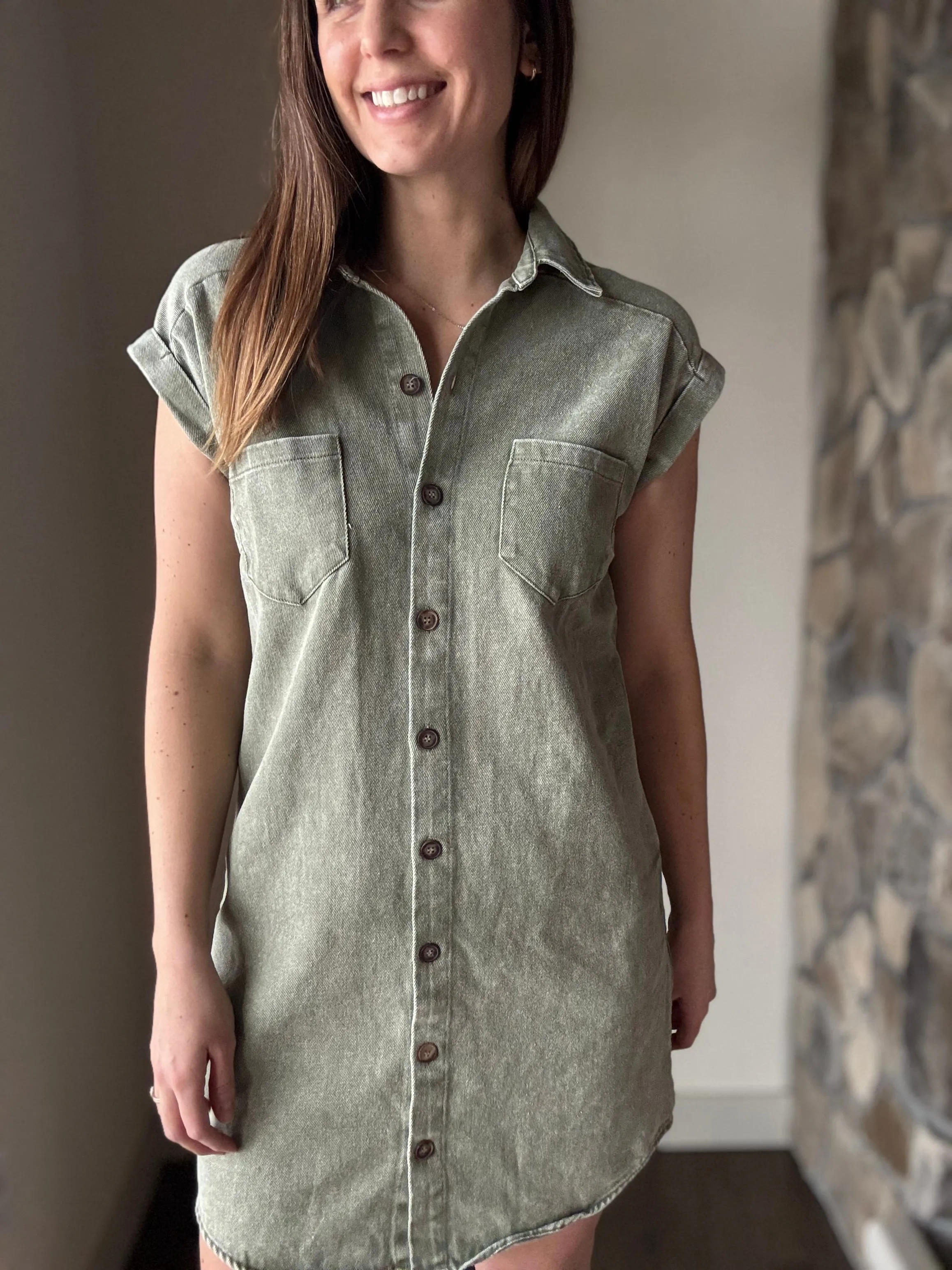 everyday olive twill button down dress
