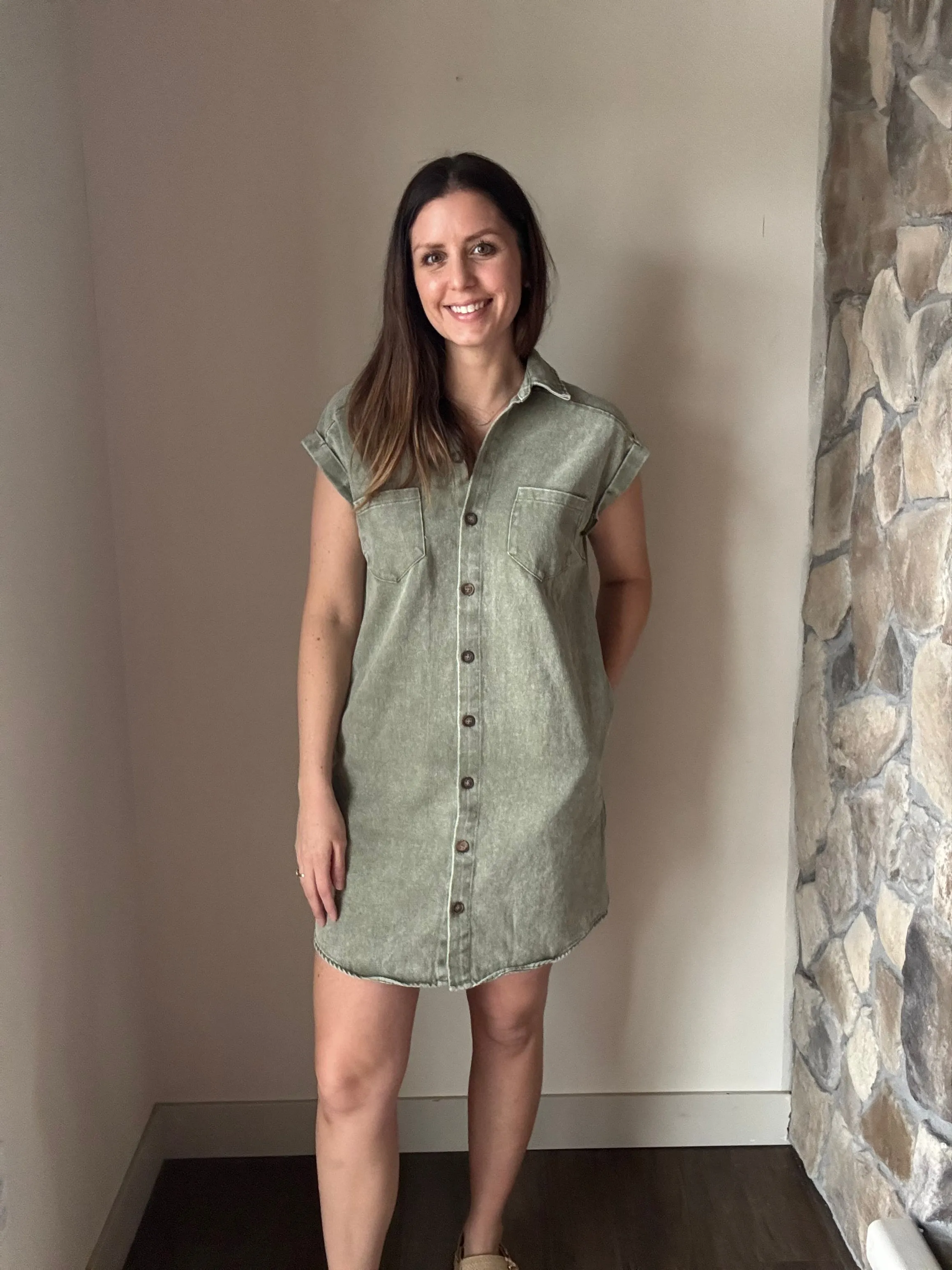 everyday olive twill button down dress