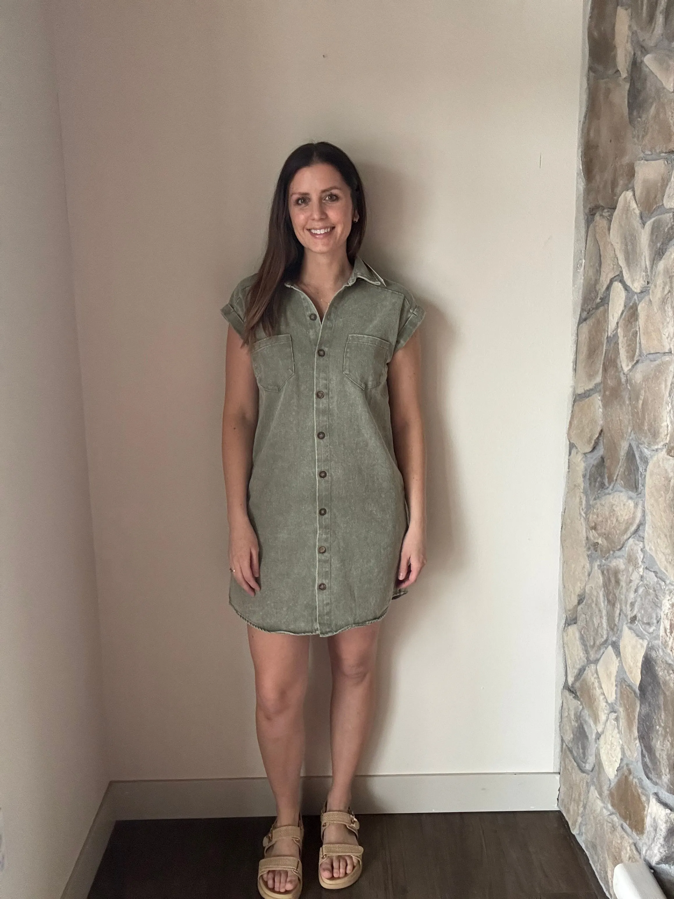 everyday olive twill button down dress