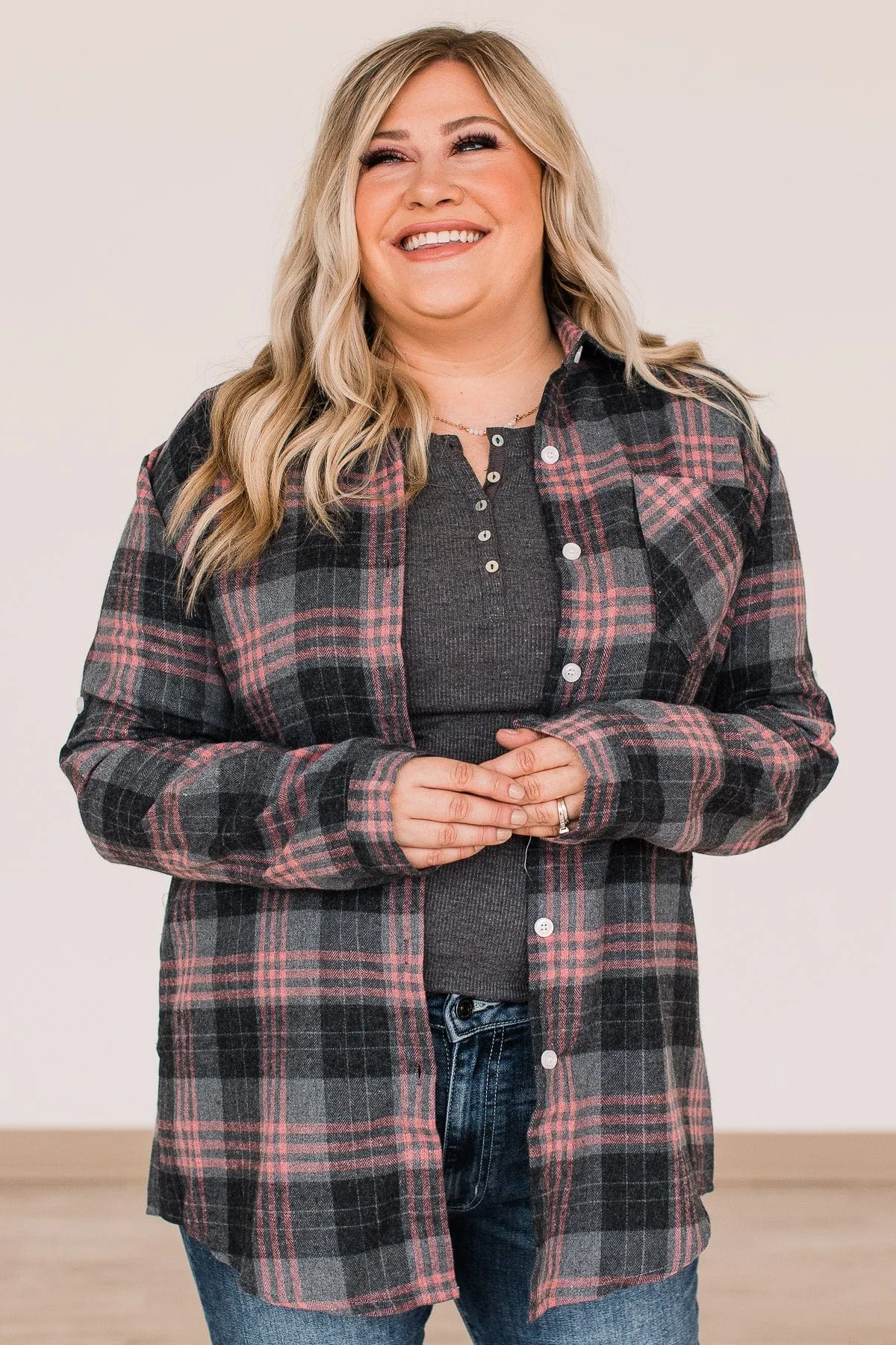 Falling For Your Smile Plaid Flannel- Grey & Pink